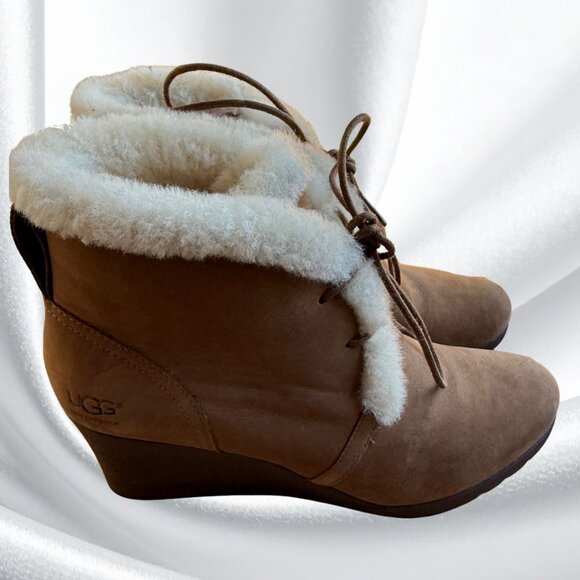 UGG Jeovana Waterproof Wedge Ankle Boots Women Size 9.5 Tan Chestnut Suede - Picture 5 of 14